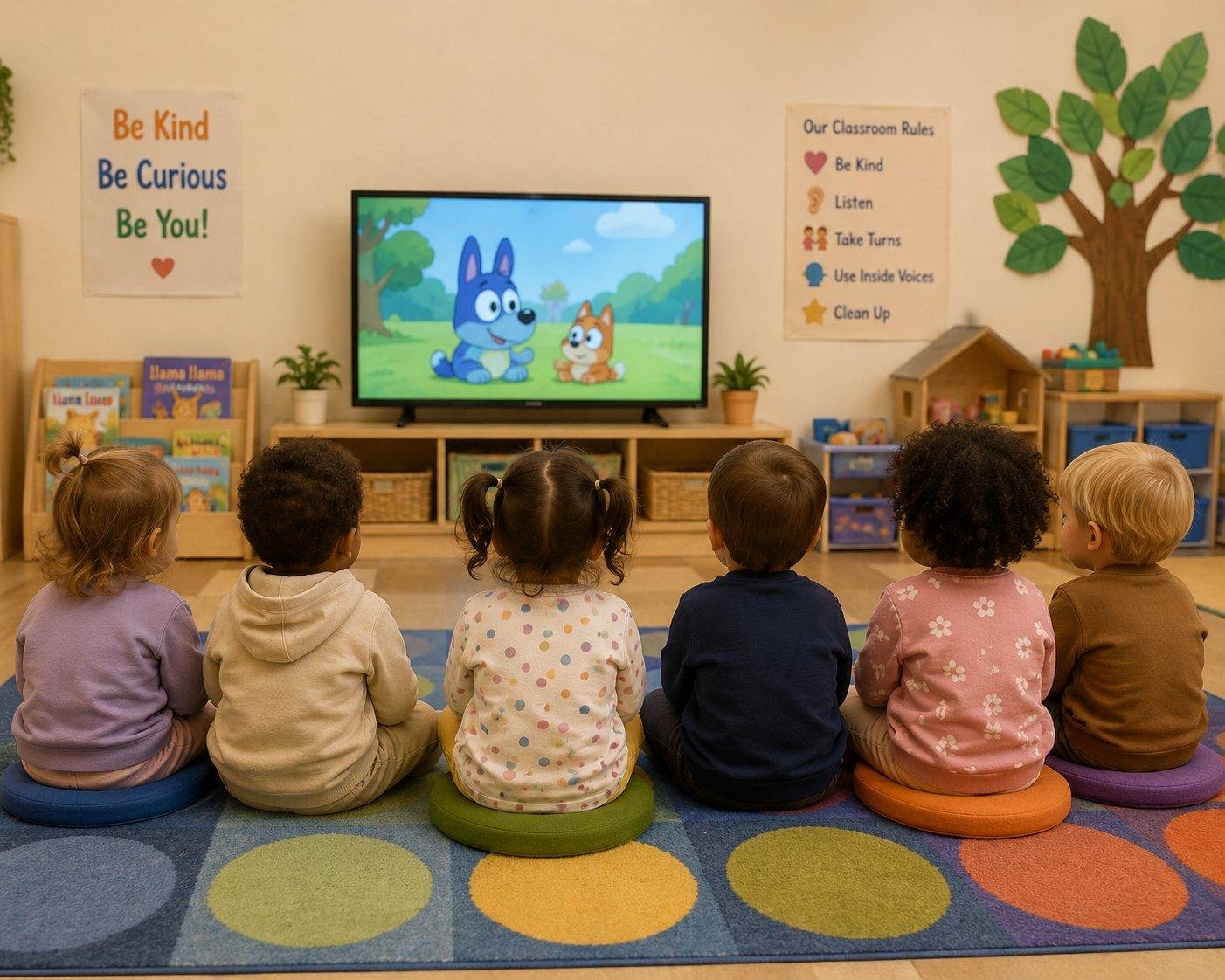 Children watching educational cartoons together